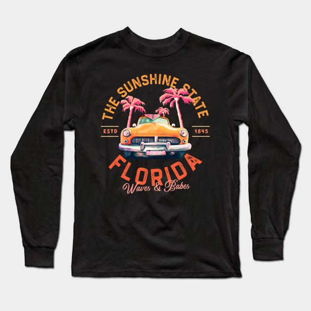 Florida, The Sunshine State Retro Summer Surf & Travel Art Long Sleeve T-Shirt by The Whiskey Ginger